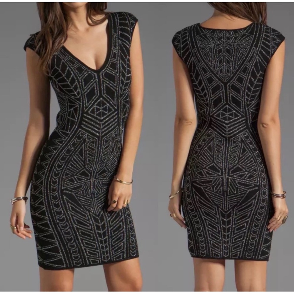 RVN Abstract Jacquard Mini Dress Black Silver Metallic V-Neck Bodycon Small